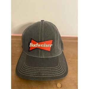 Budweiser Vintage 90s Beer Canvas Cap Gray USA Made OS Rubber Patch Strap back